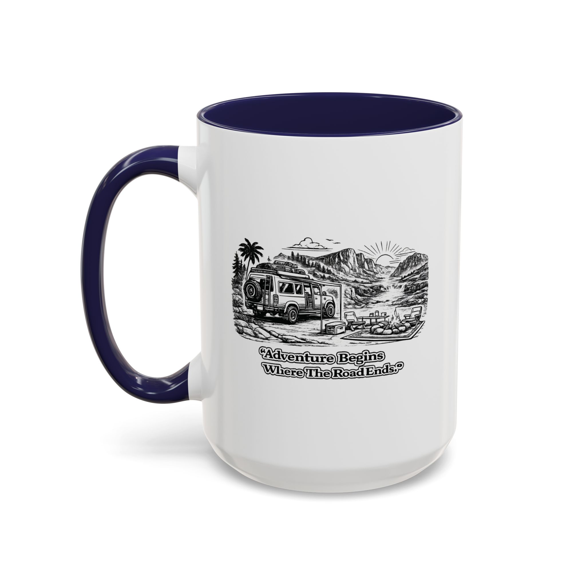 9990184696301506396_2048.jpeg Accent Coffee Mug (11, 15oz) — "Adventure Begins Where The Road Ends" Design Minimal-Line
