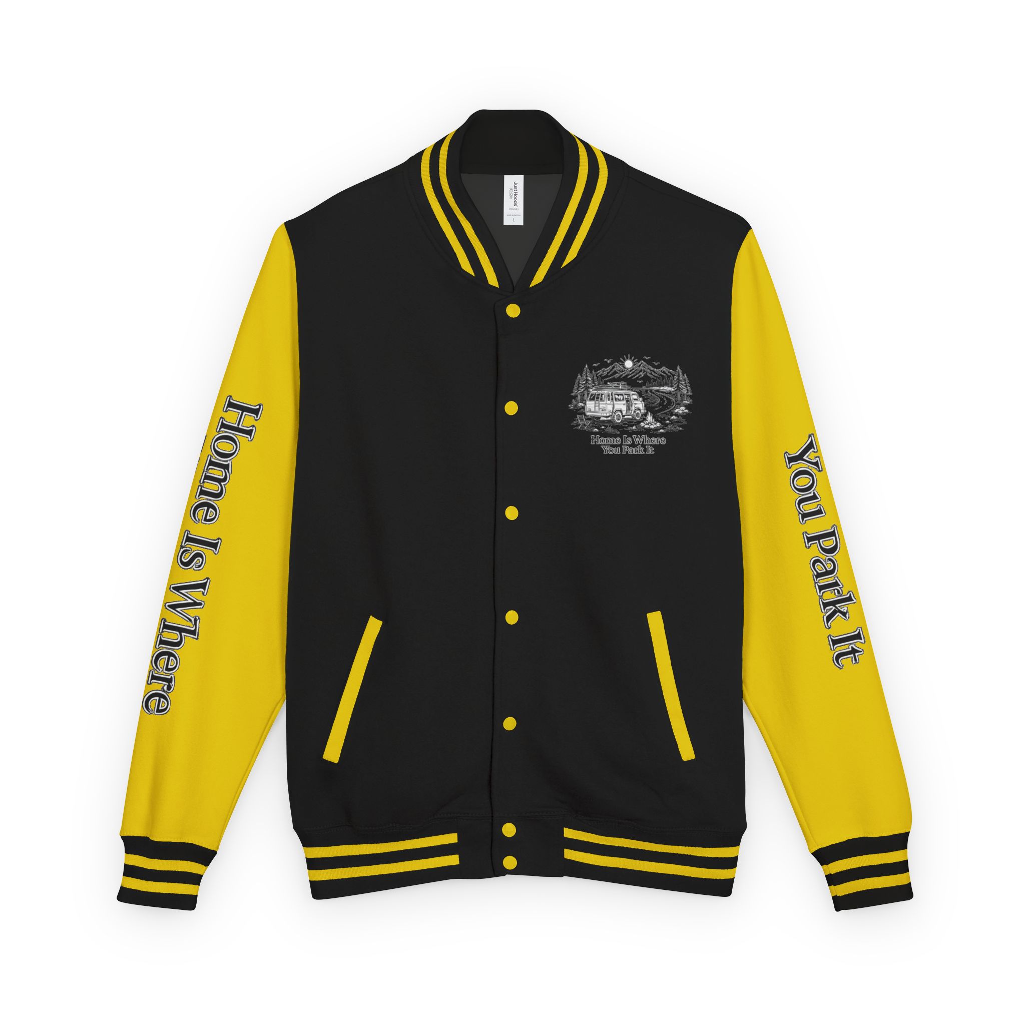 Unisex Heavyweight Letterman Jacket — "Home Is Where You Park It" Travel Varsity Coat