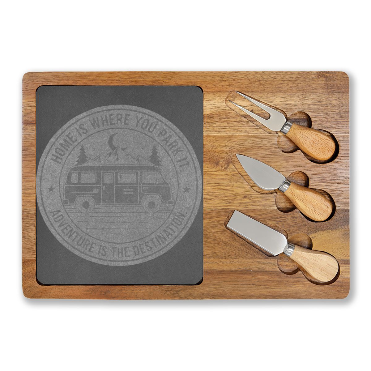 "Gift" Engraved Oak Charcuterie Board with Cheese Tools — "Home Is Where You Park It-But Christmas Is Where You Unwrap The Adventure - Merry Van-mas"