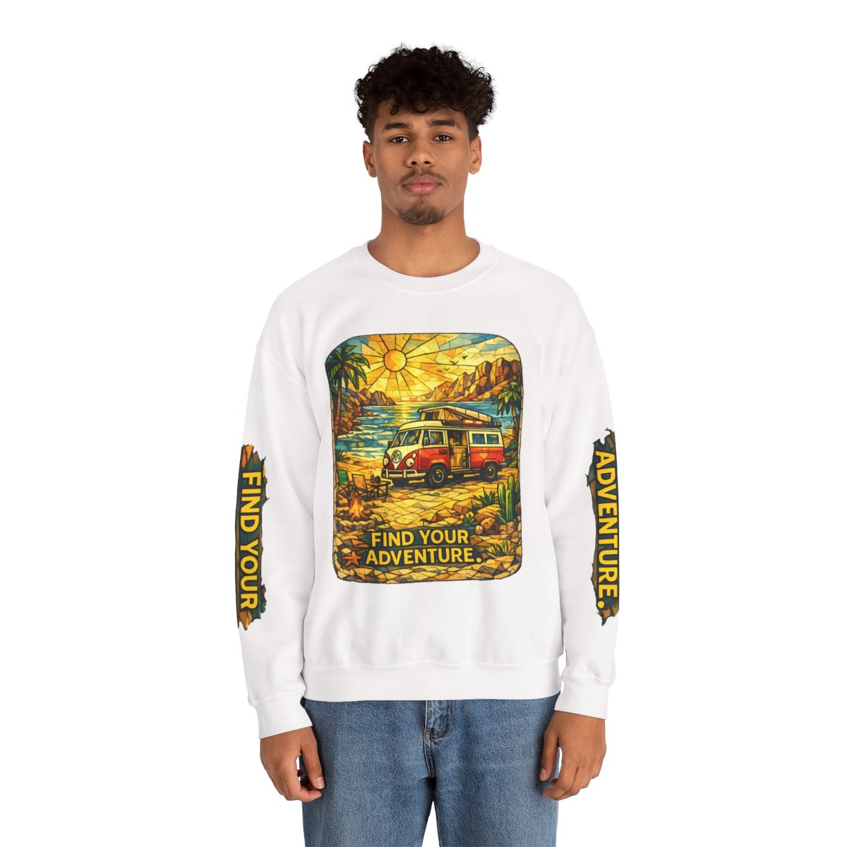 Crewneck Sweatshirt - "Adventure Awaits On The Road Again" Vintage Camper Van