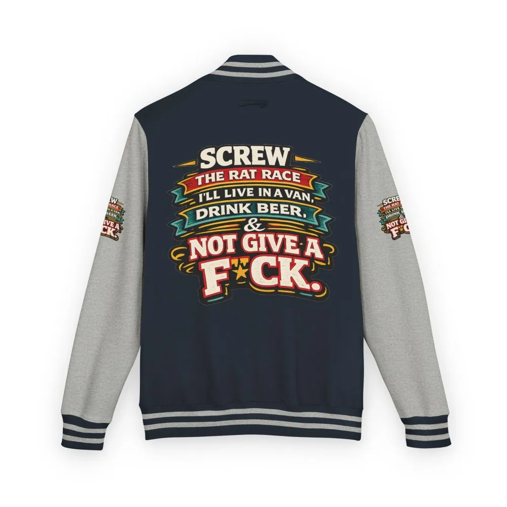 Unisex Heavyweight Letterman Jacket — "Screw The Rat Race" Design F**K-Line