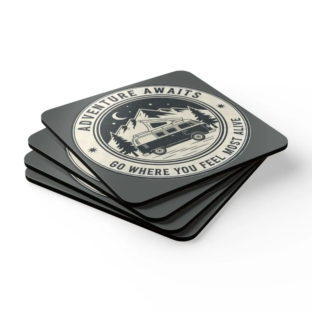 Coaster Set — "Adventure Awaits-Go Where You Feel Most Alive" Cork Coasters
