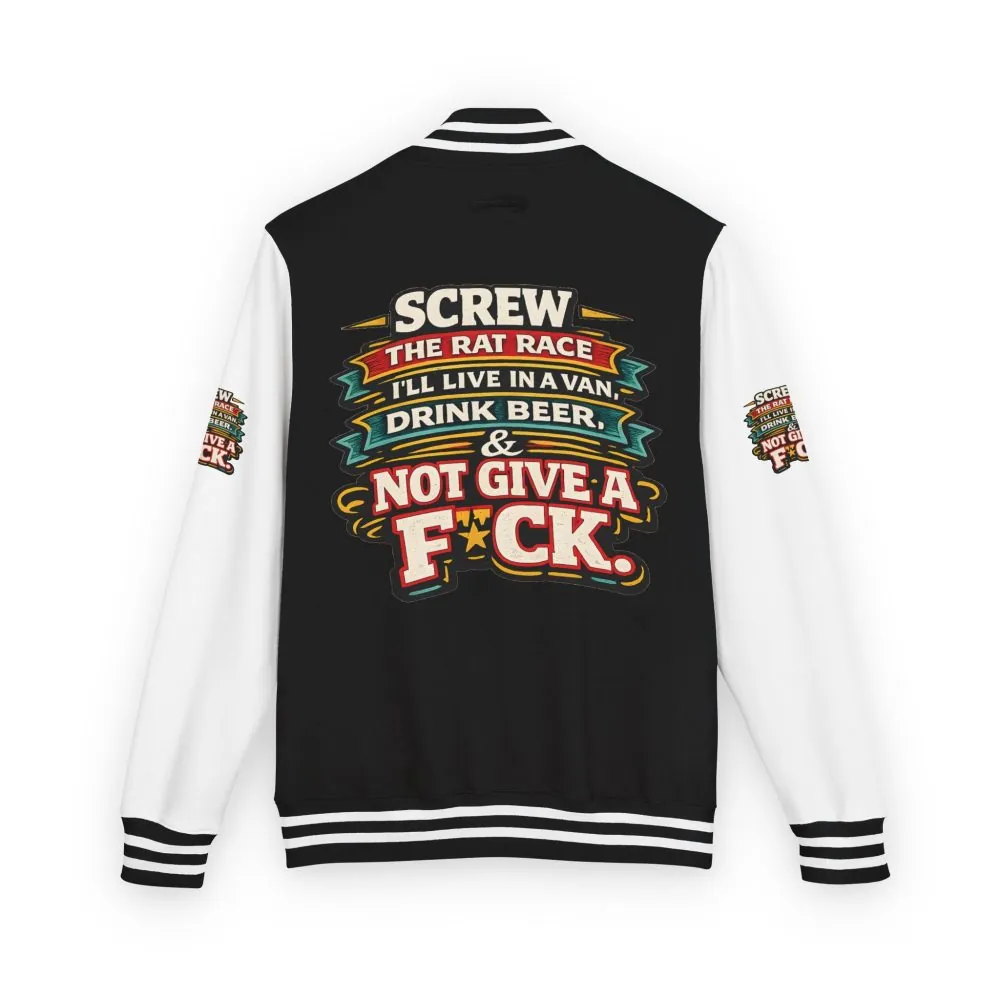 Unisex Heavyweight Letterman Jacket — "Screw The Rat Race" Design F**K-Line