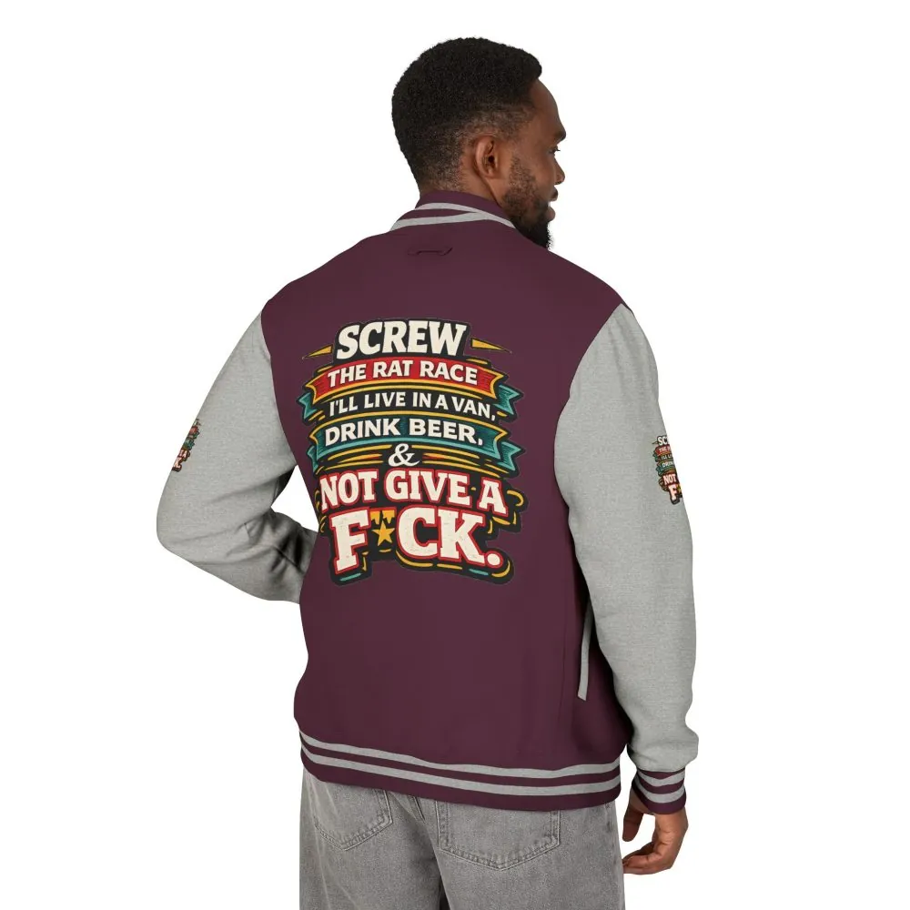 Unisex Heavyweight Letterman Jacket — "Screw The Rat Race" Design F**K-Line