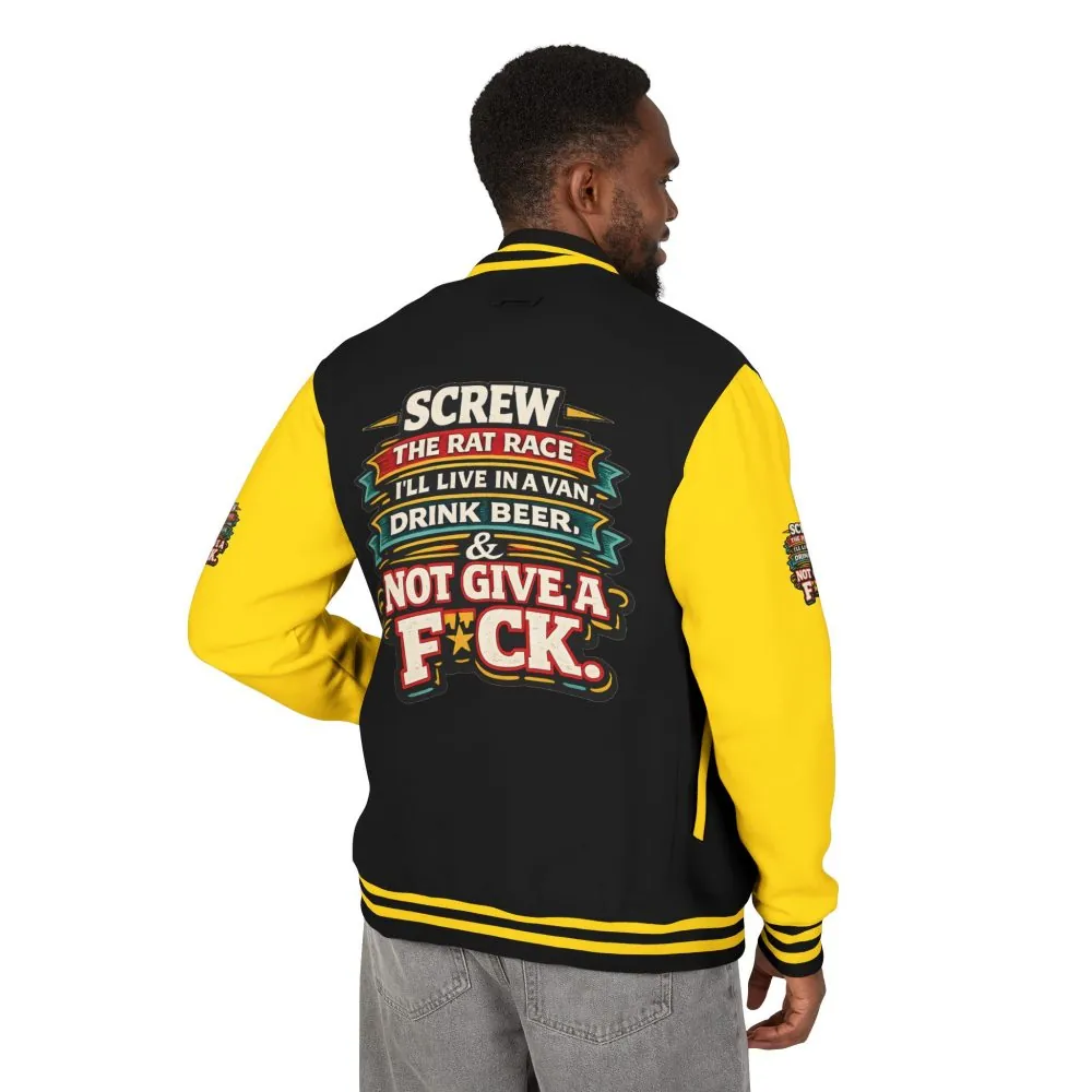 Unisex Heavyweight Letterman Jacket — "Screw The Rat Race" Design F**K-Line