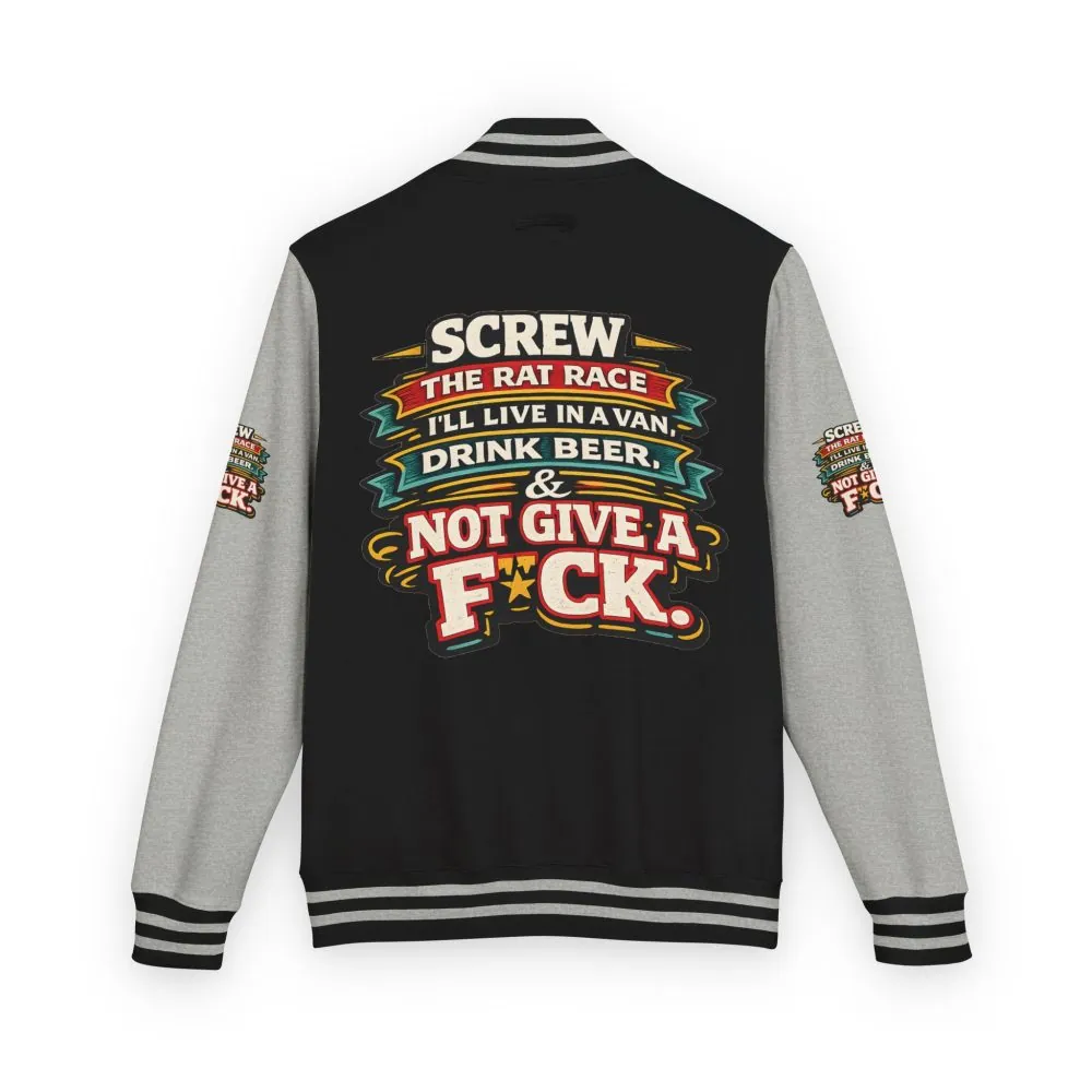Unisex Heavyweight Letterman Jacket — "Screw The Rat Race" Design F**K-Line