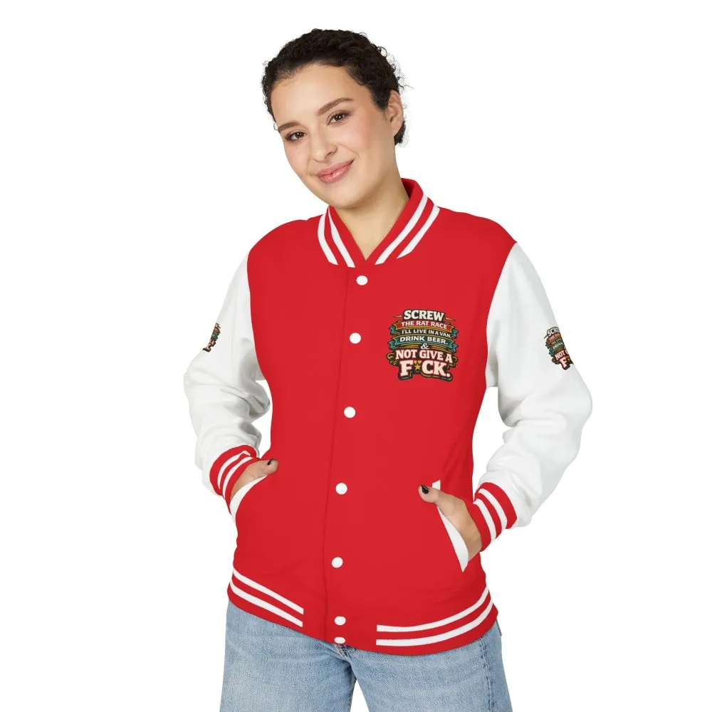 Unisex Heavyweight Letterman Jacket — "Screw The Rat Race" Design F**K-Line