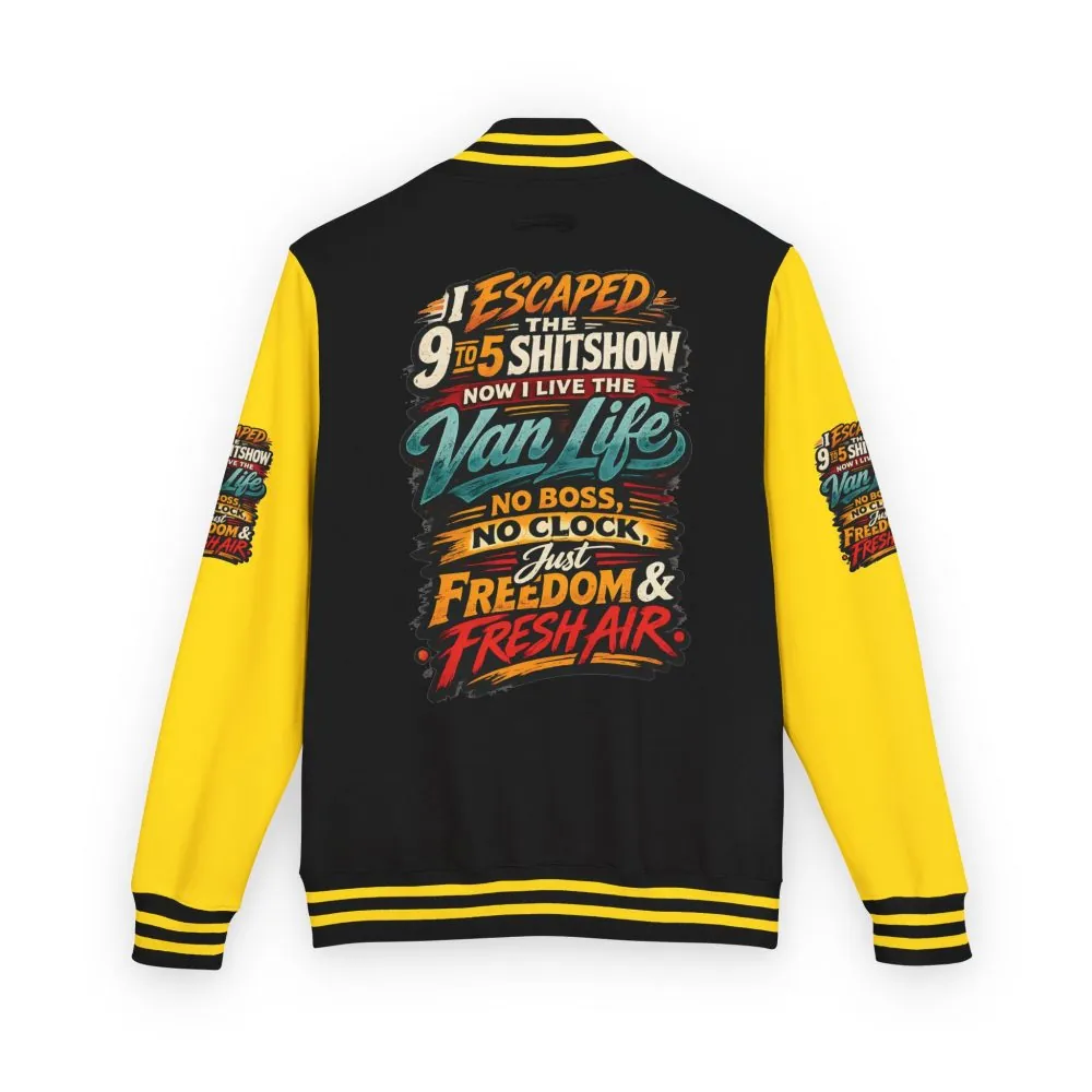13946351571083237247_2048.jpeg Unisex Heavyweight Letterman Jacket — "I Escaped The 9 To 5" Design F**K-Line