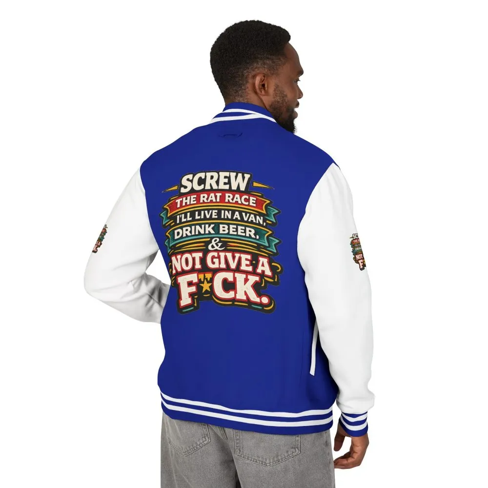 Unisex Heavyweight Letterman Jacket — "Screw The Rat Race" Design F**K-Line