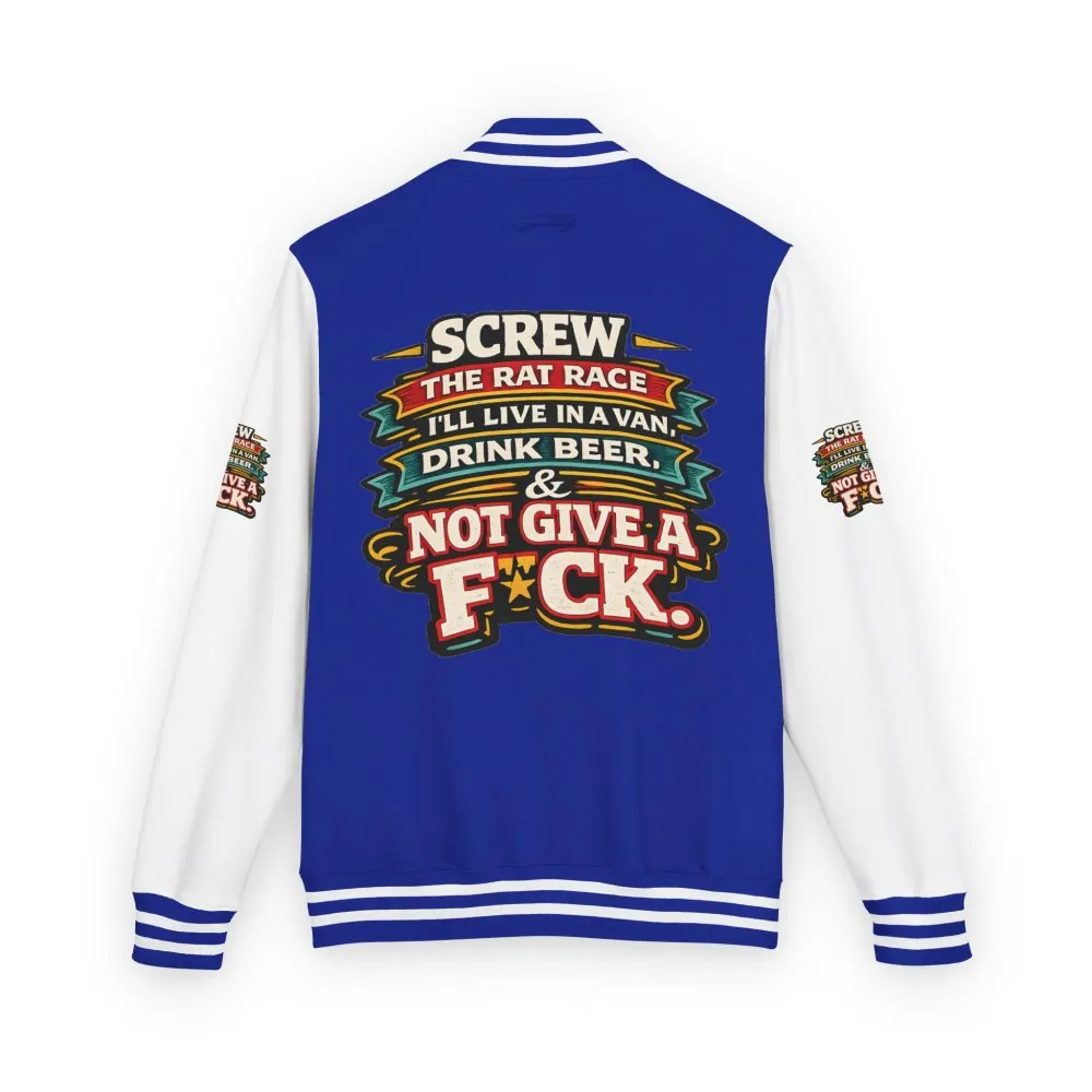 Unisex Heavyweight Letterman Jacket — "Screw The Rat Race" Design F**K-Line