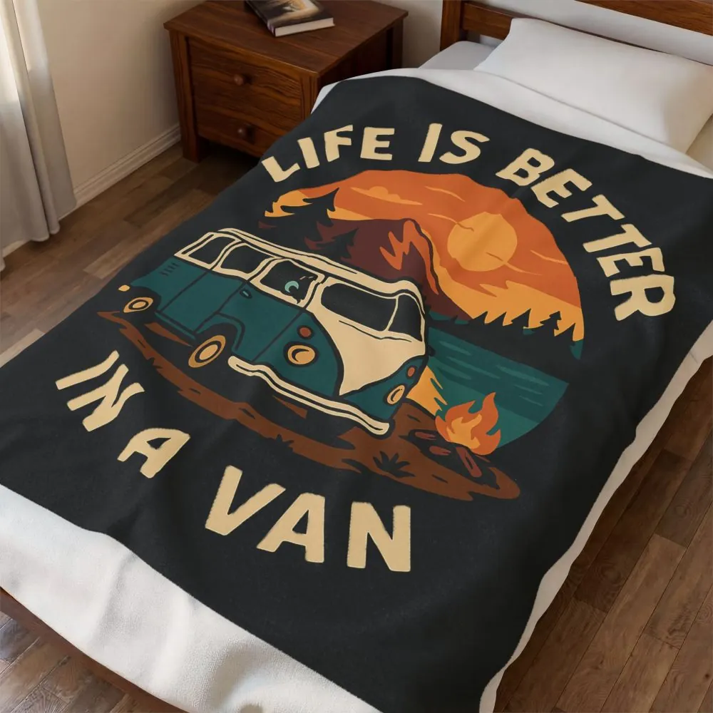 Velveteen Plush Blanket – "Life Is Better In A Van" Retro Campervan Camping Throw
