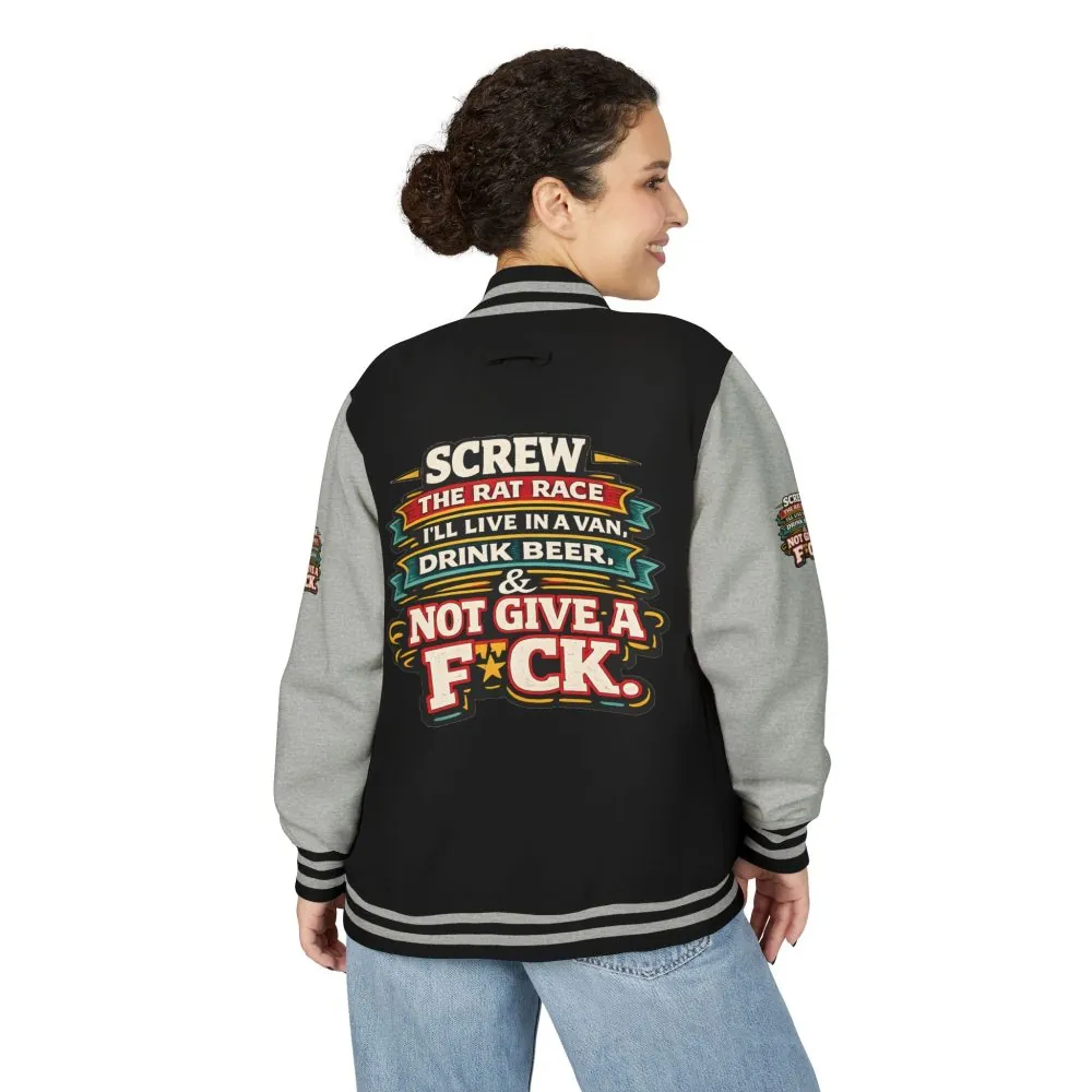 Unisex Heavyweight Letterman Jacket — "Screw The Rat Race" Design F**K-Line