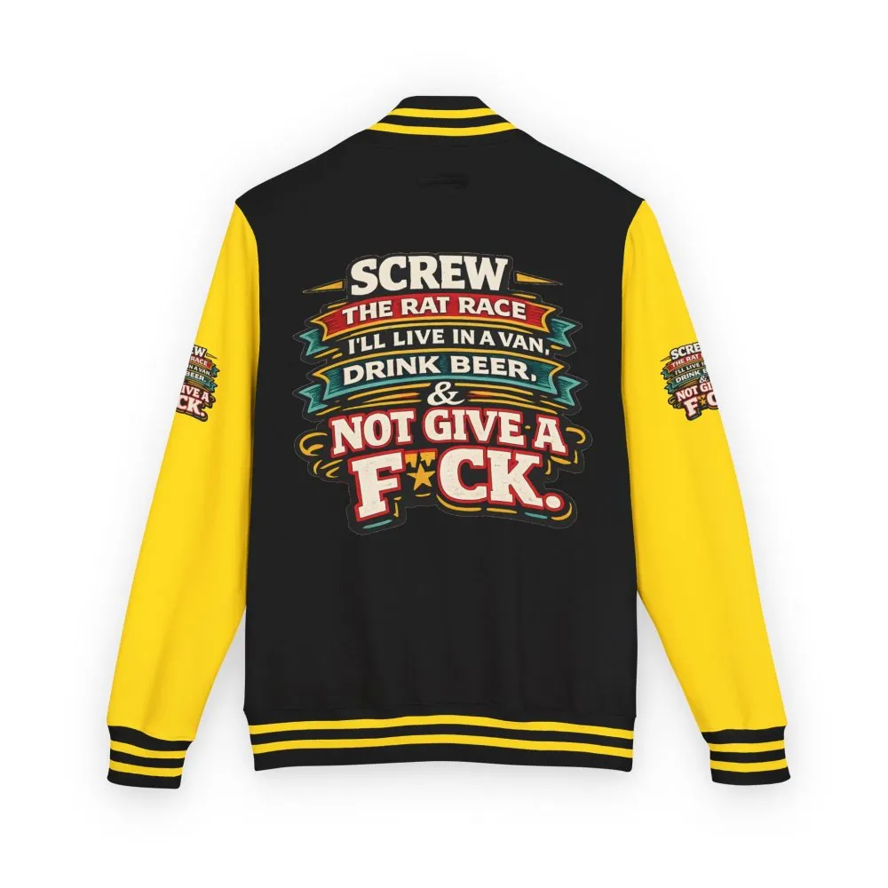 Unisex Heavyweight Letterman Jacket — "Screw The Rat Race" Design F**K-Line