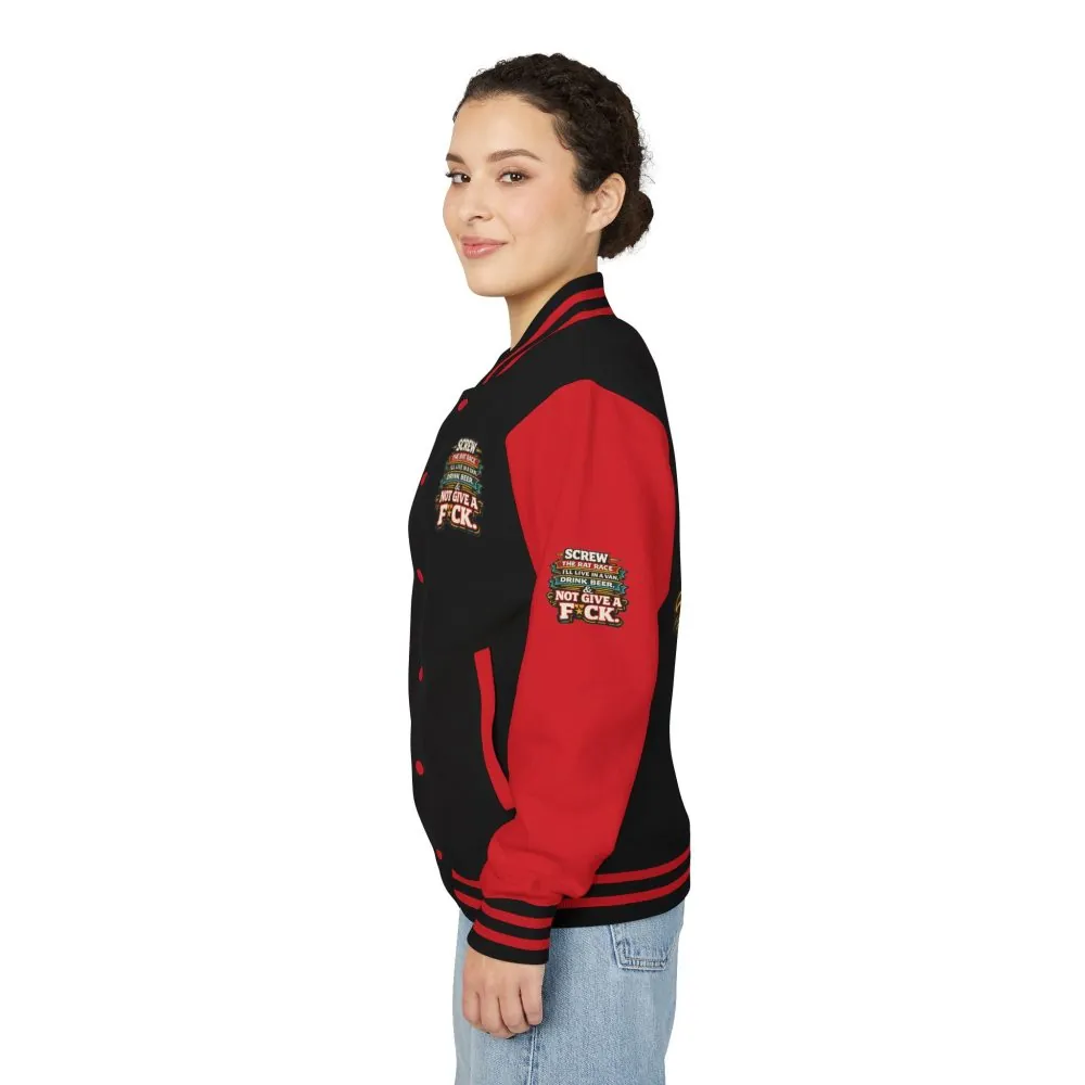 Unisex Heavyweight Letterman Jacket — "Screw The Rat Race" Design F**K-Line