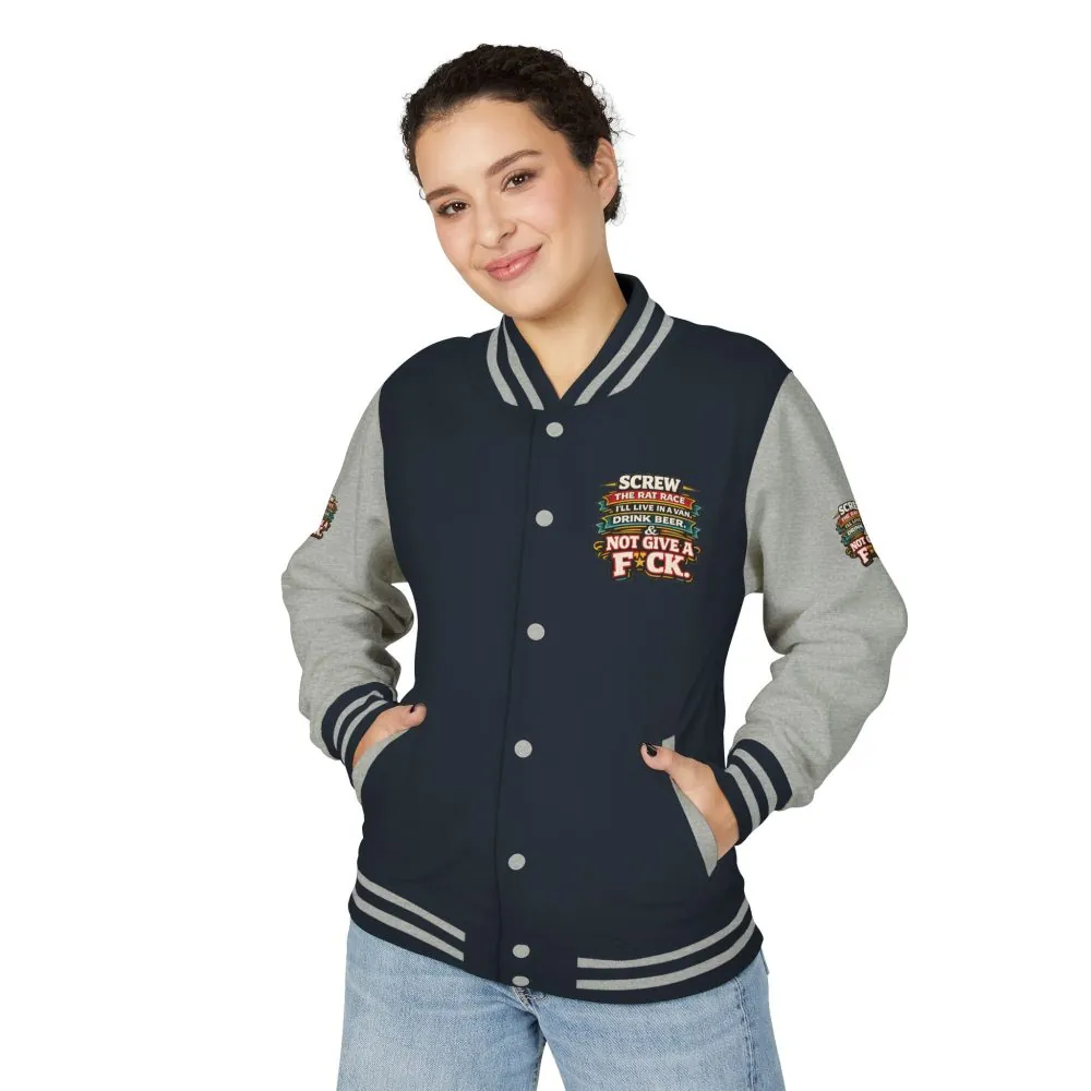 Unisex Heavyweight Letterman Jacket — "Screw The Rat Race" Design F**K-Line
