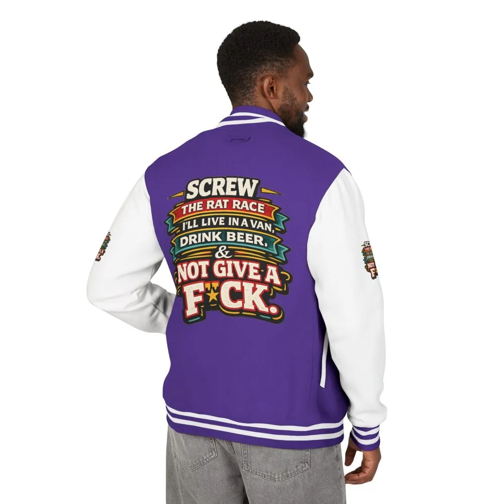 Unisex Heavyweight Letterman Jacket — "Screw The Rat Race" Design F**K-Line