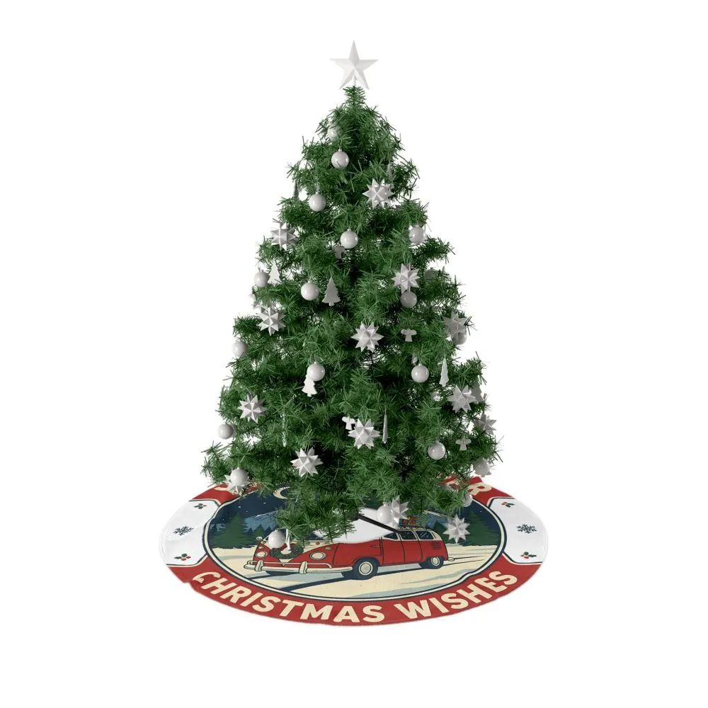 Christmas Tree Skirt — "Happy Camper Christmas Wishes" Retro VW Van Holiday Tree Skirt