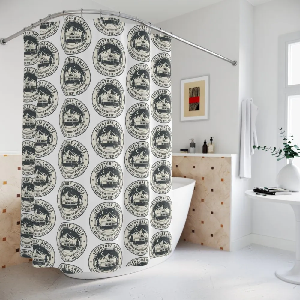 "NEW"Vintage Cabin Seal Shower Curtain – "Adventure Awaits-Go Where You Feel Most Alive" Rustic Mountain Lodge Bathroom Decor