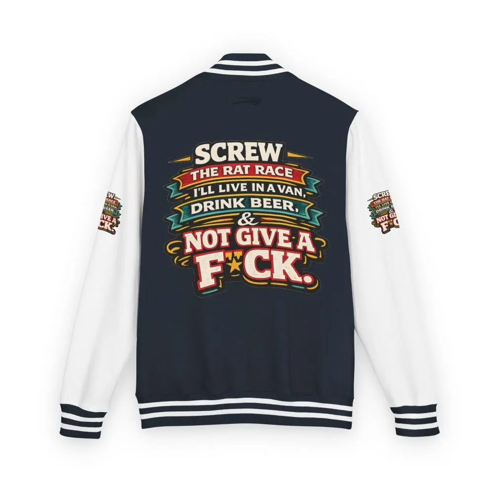 Unisex Heavyweight Letterman Jacket — "Screw The Rat Race" Design F**K-Line