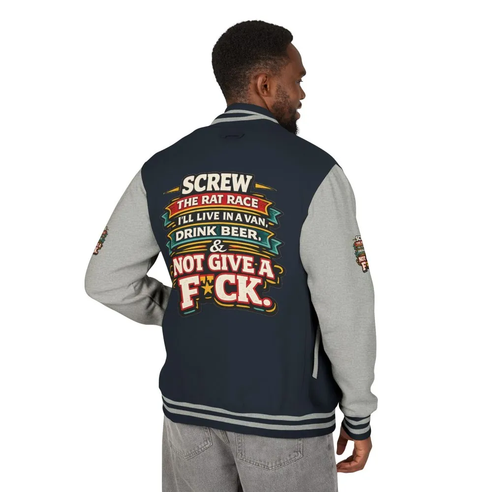 Unisex Heavyweight Letterman Jacket — "Screw The Rat Race" Design F**K-Line