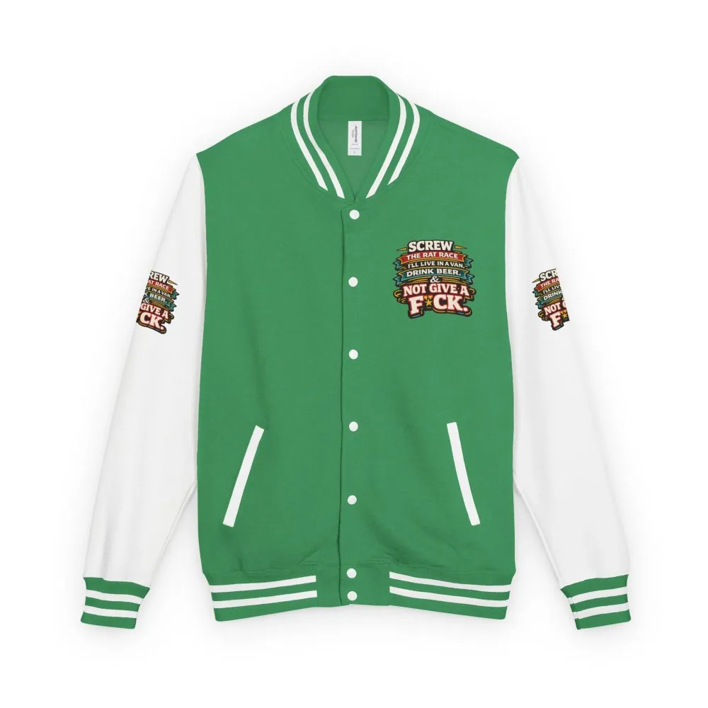 Unisex Heavyweight Letterman Jacket — "Screw The Rat Race" Design F**K-Line