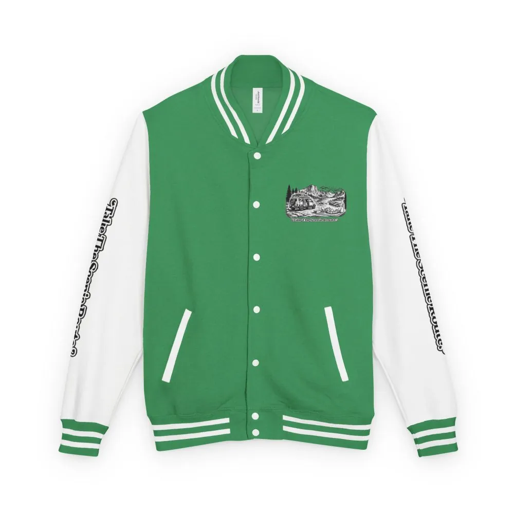 Unisex Heavyweight Letterman Jacket — "Take The Scenic Route" Travel Varsity Coat