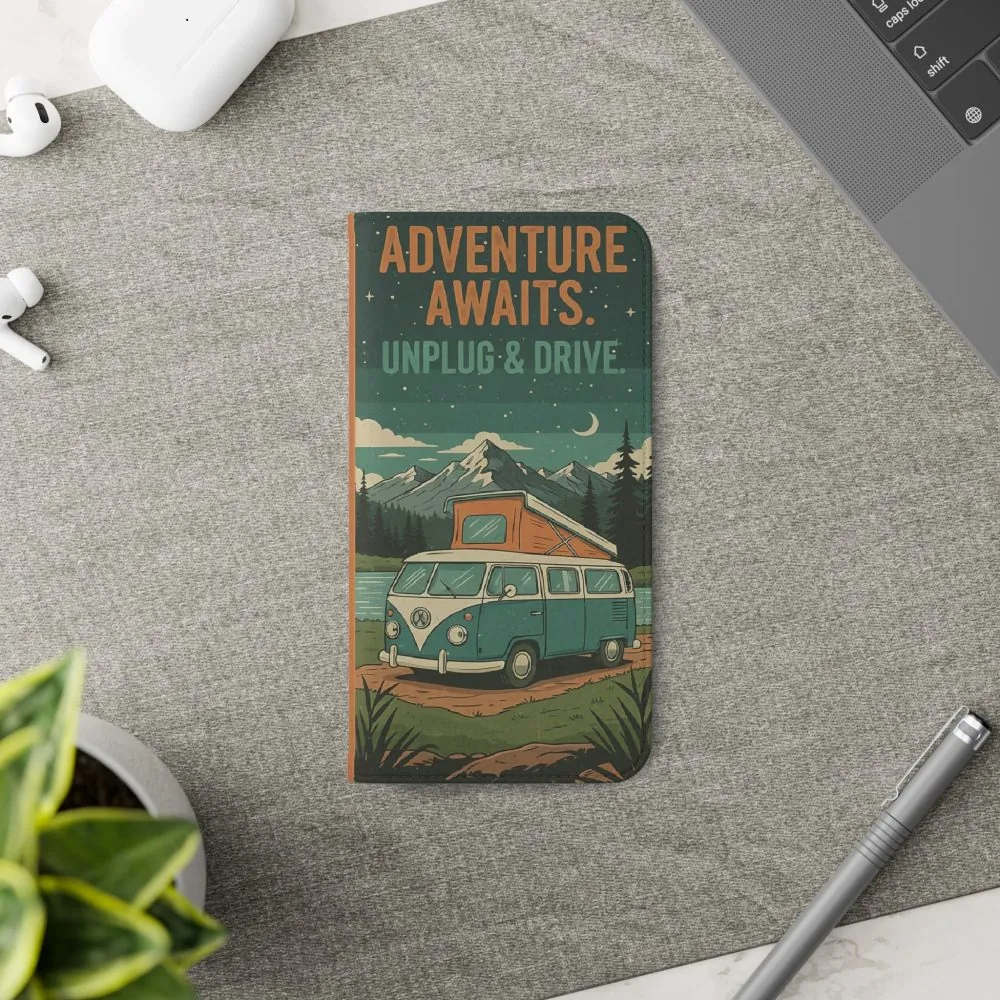 Flip Phone Case — "Adventure Awaits Unplug & Drive" Wallet Case
