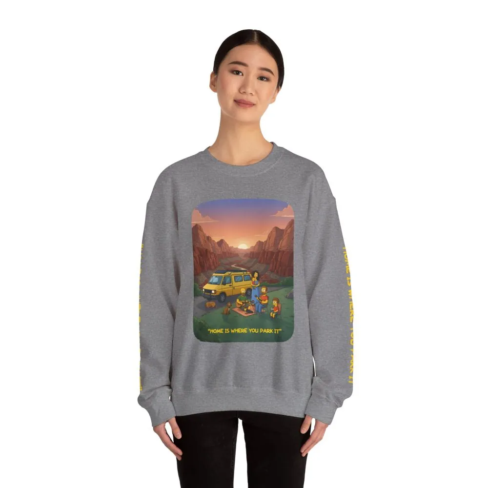 Unisex Heavy Blend™ Crewneck Sweatshirt — "Home Is Where You Park It" Design Sitcom-Line