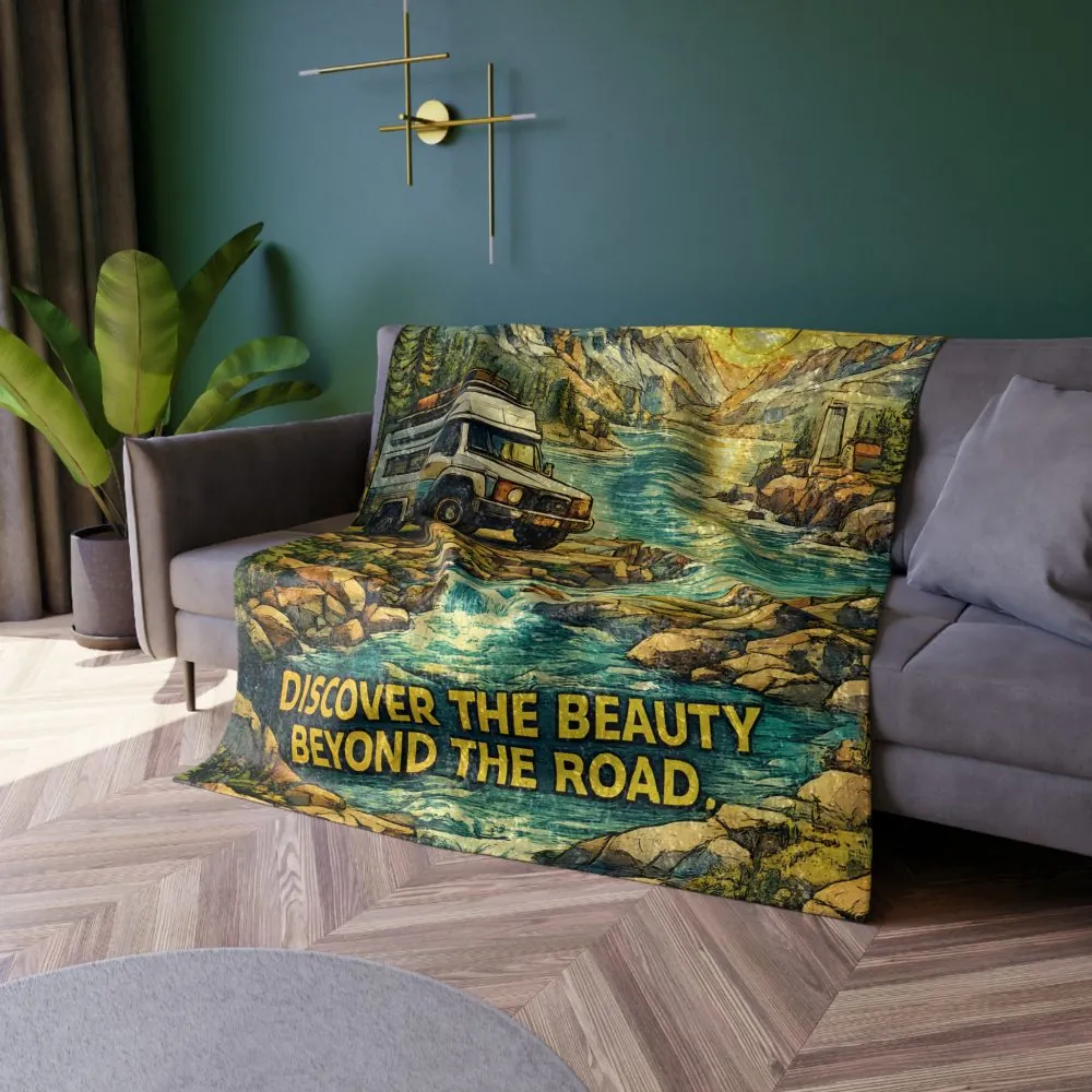 Crushed Velvet Blanket —"Discover The Bieuty Beyond The Road" Design Cubic-Line (Campervan)