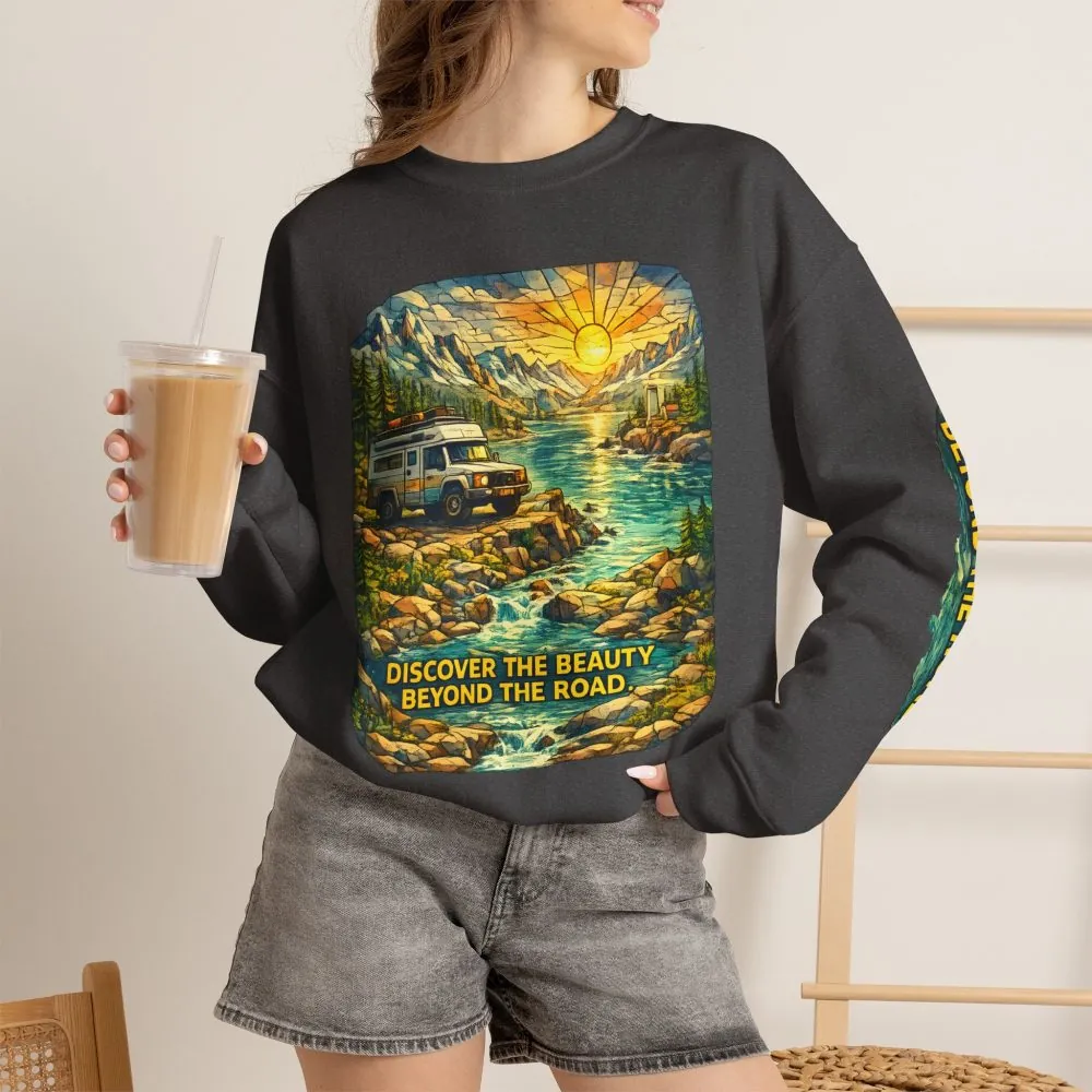 Unisex Heavy Blend™ Crewneck Sweatshirt — "Discover The Bieuty Beyond The Road" Design Cubic-Line
