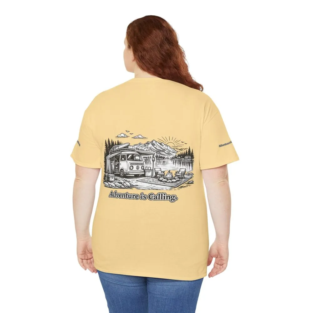 Unisex Heavy Cotton Tee — "Adventure Is Calling" Design Minimal-Line