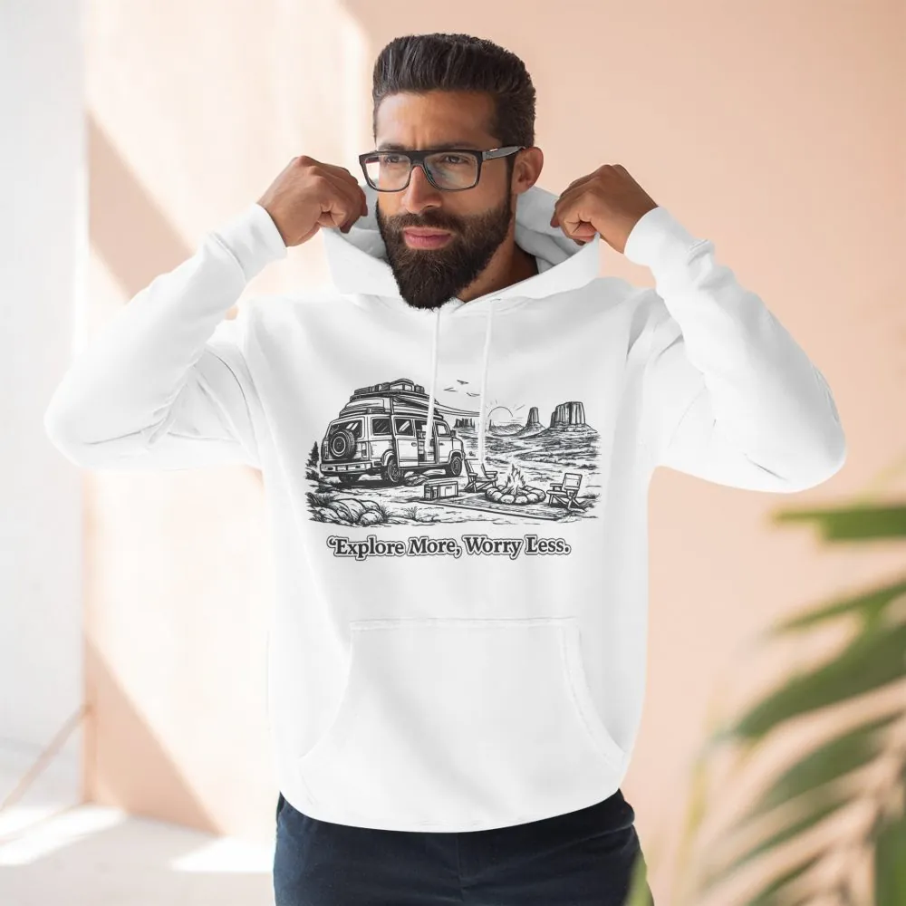 Three-Panel Fleece Hoodie - "Explore More Worry Less" Design Minimal-Line