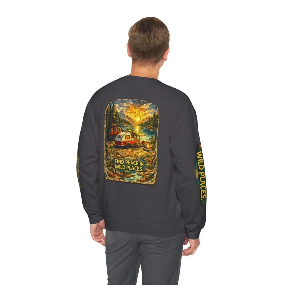 Unisex Heavy Blend™ Crewneck Sweatshirt — "Find Peace In Wild Places" Design Cubic-Line