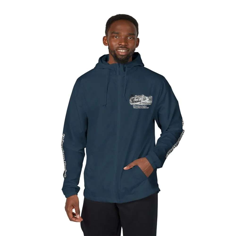 Unisex Full-Zip Windbreaker Jacket — "Adventure Begins Where Roads End" (Design "Minimal-Line")