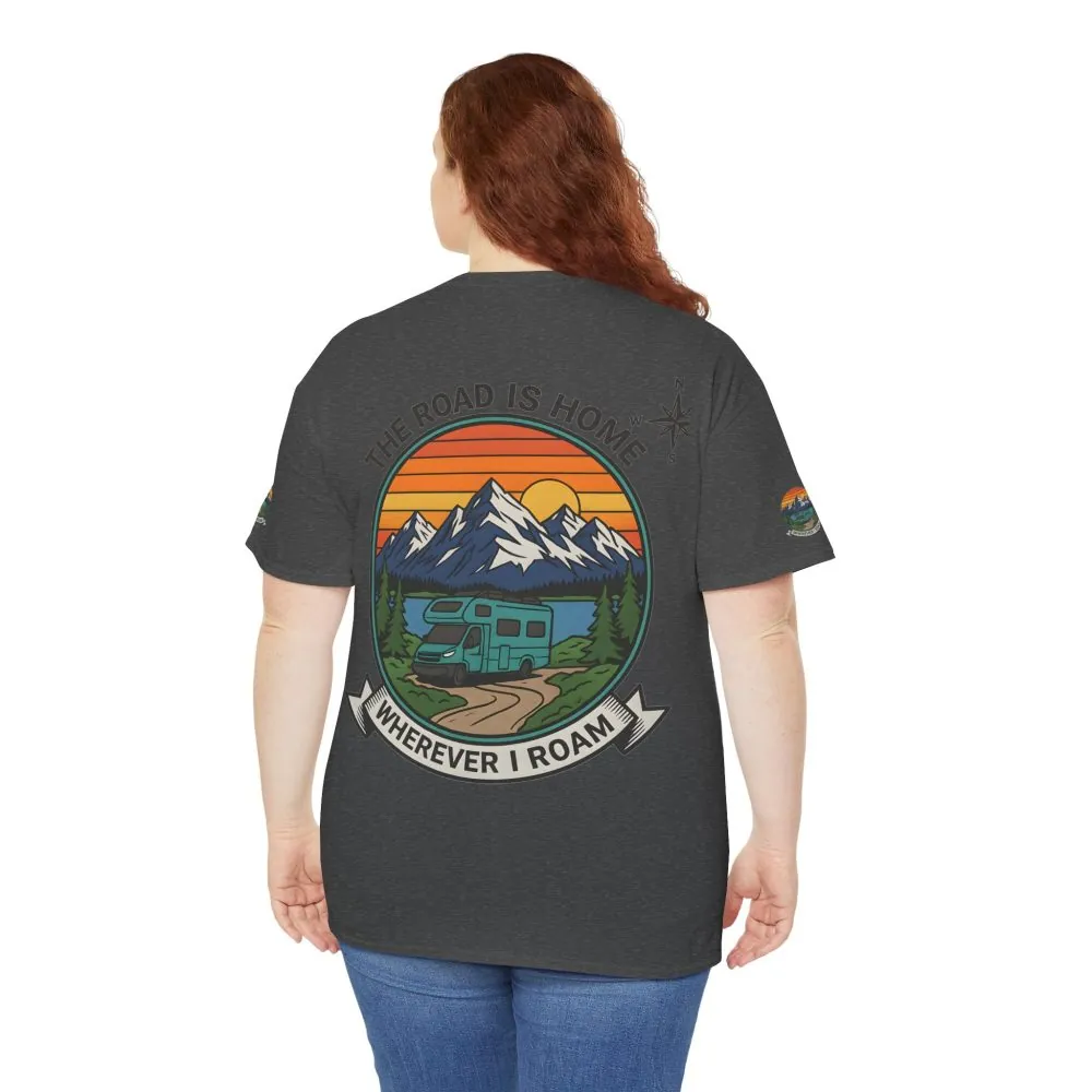 Unisex Heavy Cotton Tee  — 'The Road Is Home, Wherever I Roam' Retro Camper Tee