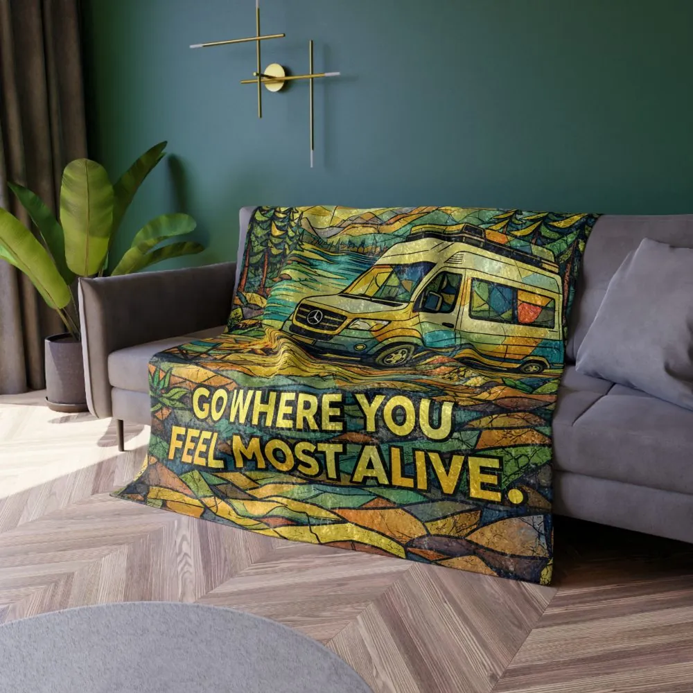 Crushed Velvet Blanket —"Go Where You Feel Most Alive" Design Cubic-Line (Campervan)