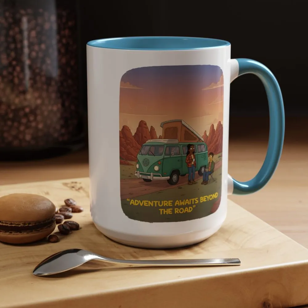 Accent Coffee Mug (11, 15oz) — "Adventure Awaits Beyond The Road" Design Sitcom-Line