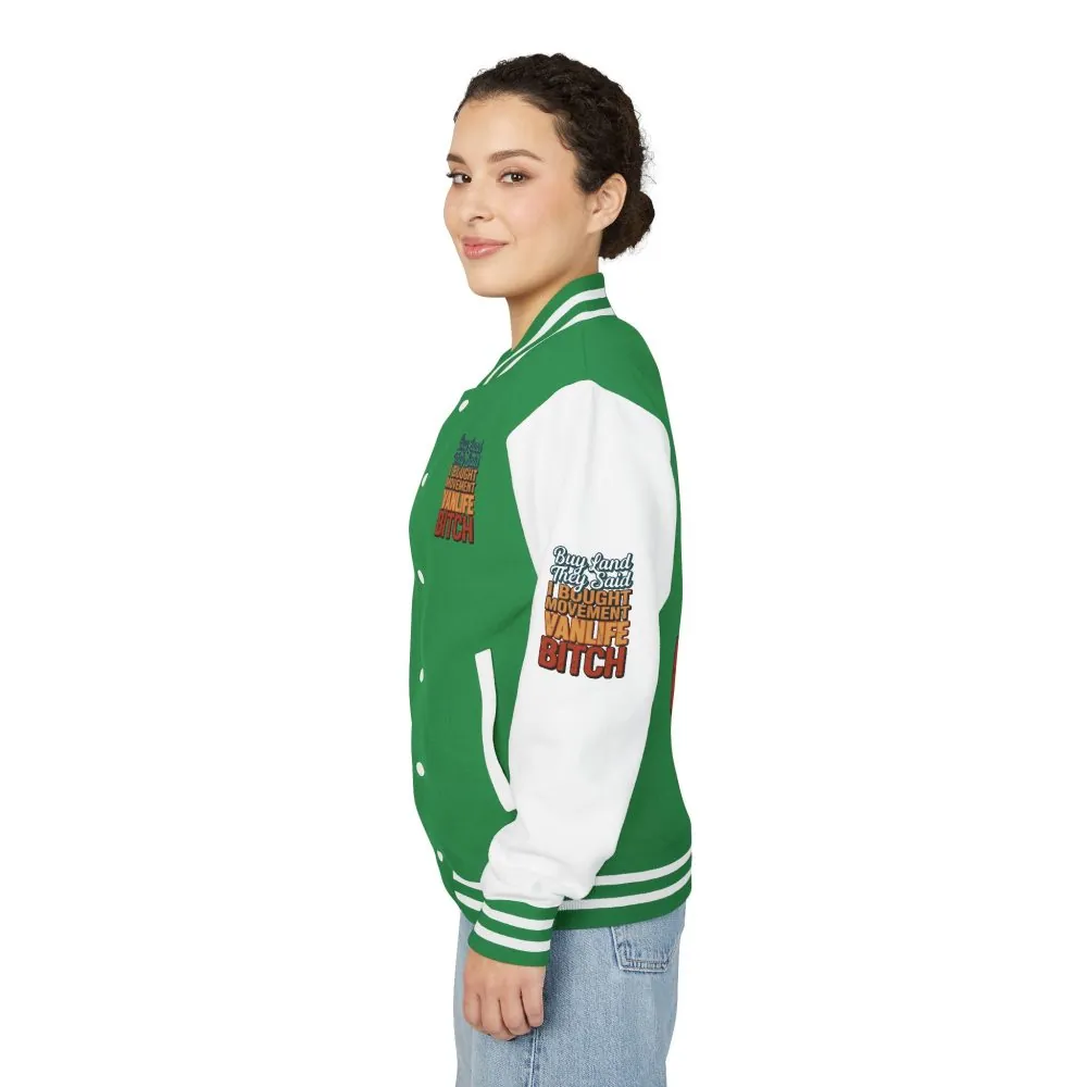 10088690234416887688_2048.jpeg Unisex Heavyweight Letterman Jacket — "Buy Land They Said" Design F**K-Line