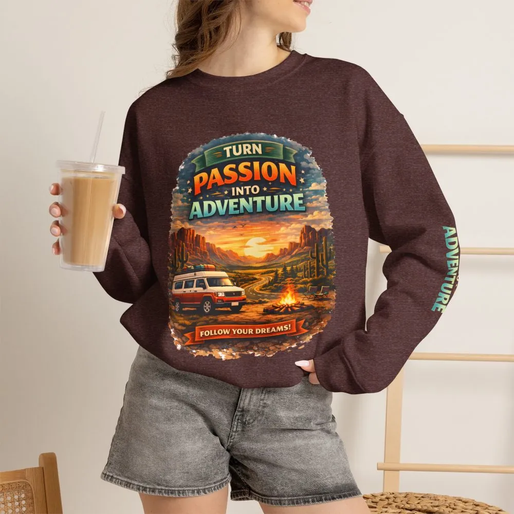 10111058353656554655_2048.jpeg Unisex Heavy Blend™ Crewneck Sweatshirt — "Turn Passion Into Adventure" Design Scenic-Line