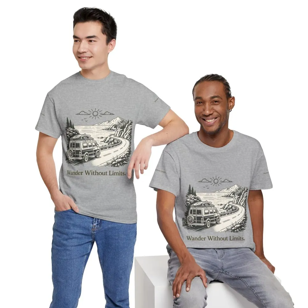 Unisex Heavy Cotton Tee — "Wander Without Limits" Design Minimal-Line
