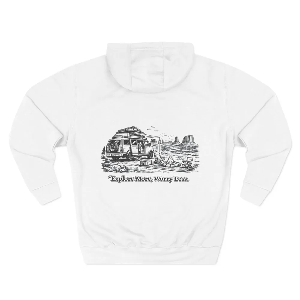 Three-Panel Fleece Hoodie - "Explore More Worry Less" Design Minimal-Line
