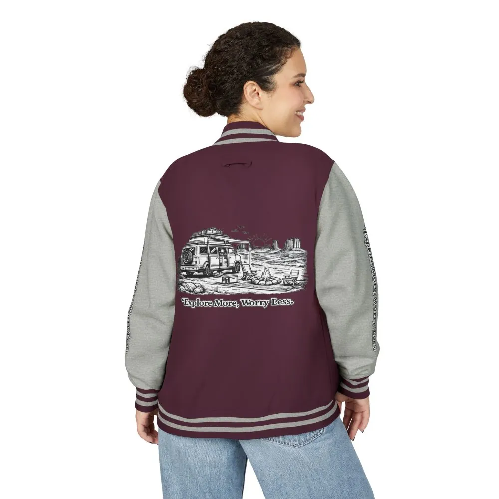 Unisex Heavyweight Letterman Jacket — "Explore More Worry Less" Travel Varsity Coat