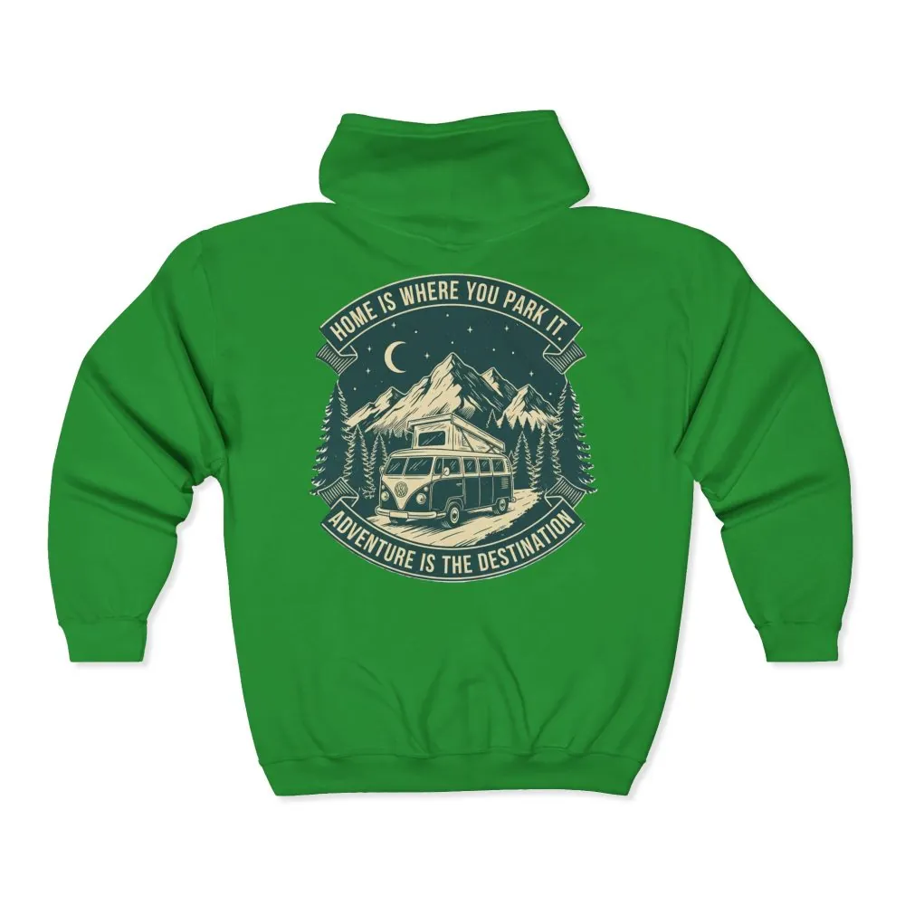 10133124781079254453_2048.jpeg Zip Hoodie — "Home Is Where You Park It-Adventure is the destination"(Front + Back Printed) Camper Van Adventure Zip-Up
