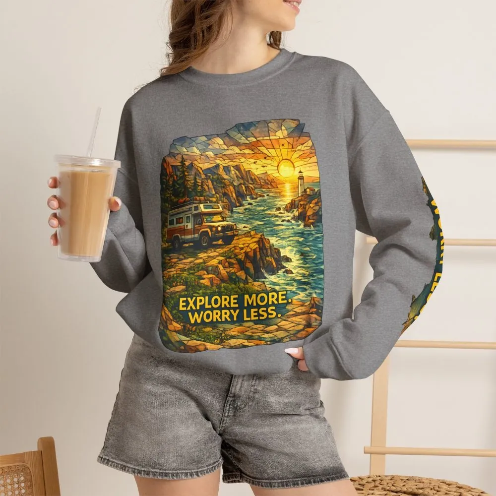 Unisex Heavy Blend™ Crewneck Sweatshirt — "Explore More Worry Less" Design Cubic-Line