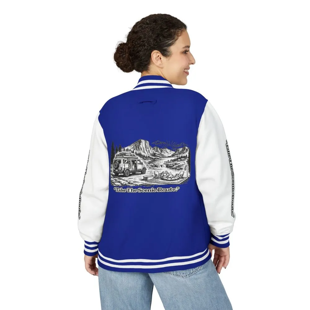 Unisex Heavyweight Letterman Jacket — "Take The Scenic Route" Travel Varsity Coat