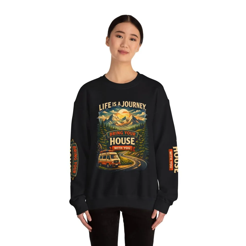 Unisex Heavy Blend™ Crewneck Sweatshirt — "Live Is A Journey-Bring Your House With You" Design Scenic-Line