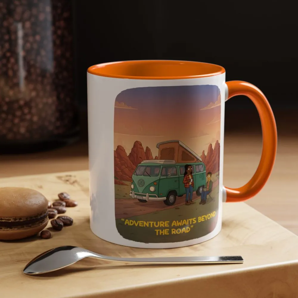 Accent Coffee Mug (11, 15oz) — "Adventure Awaits Beyond The Road" Design Sitcom-Line