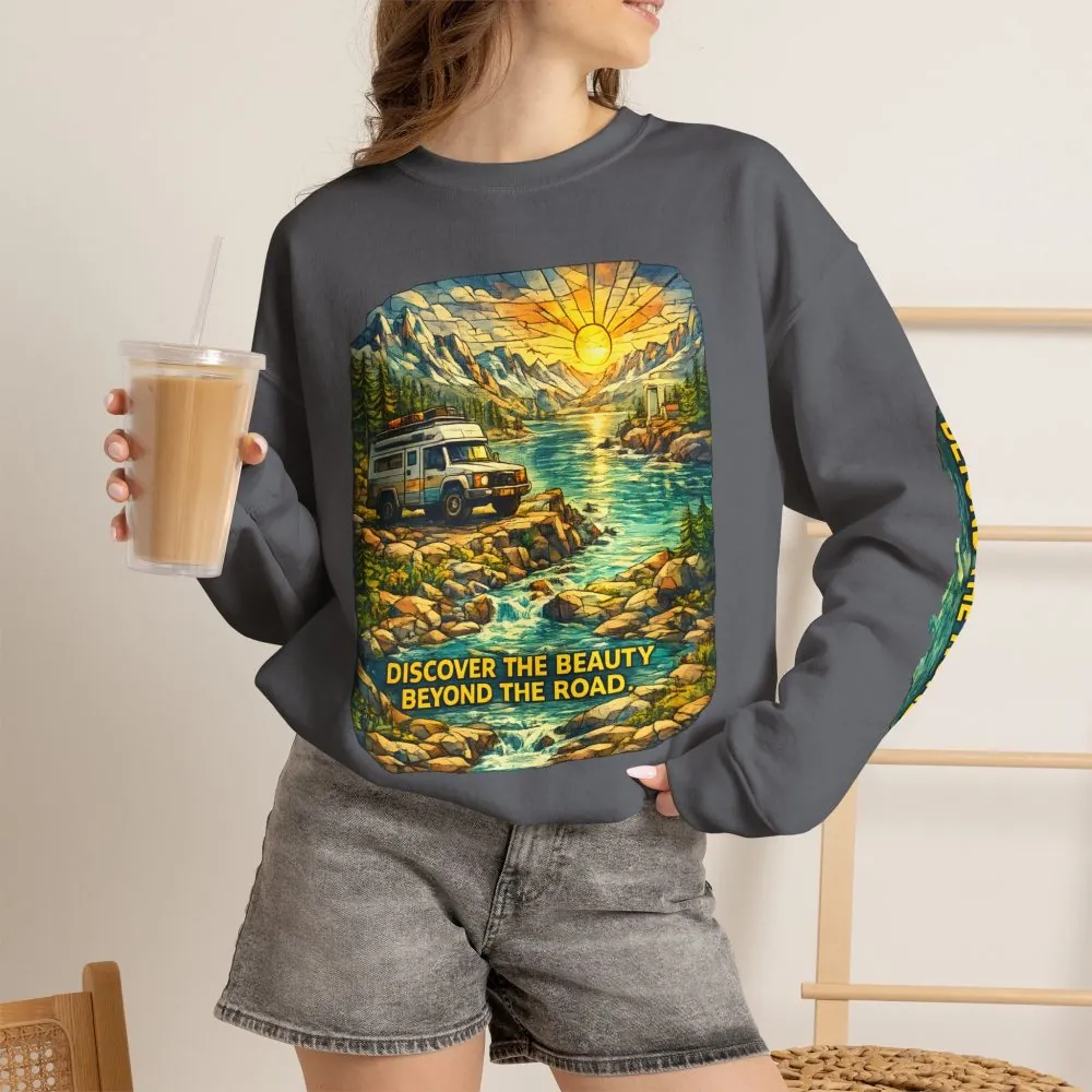 Unisex Heavy Blend™ Crewneck Sweatshirt — "Discover The Bieuty Beyond The Road" Design Cubic-Line