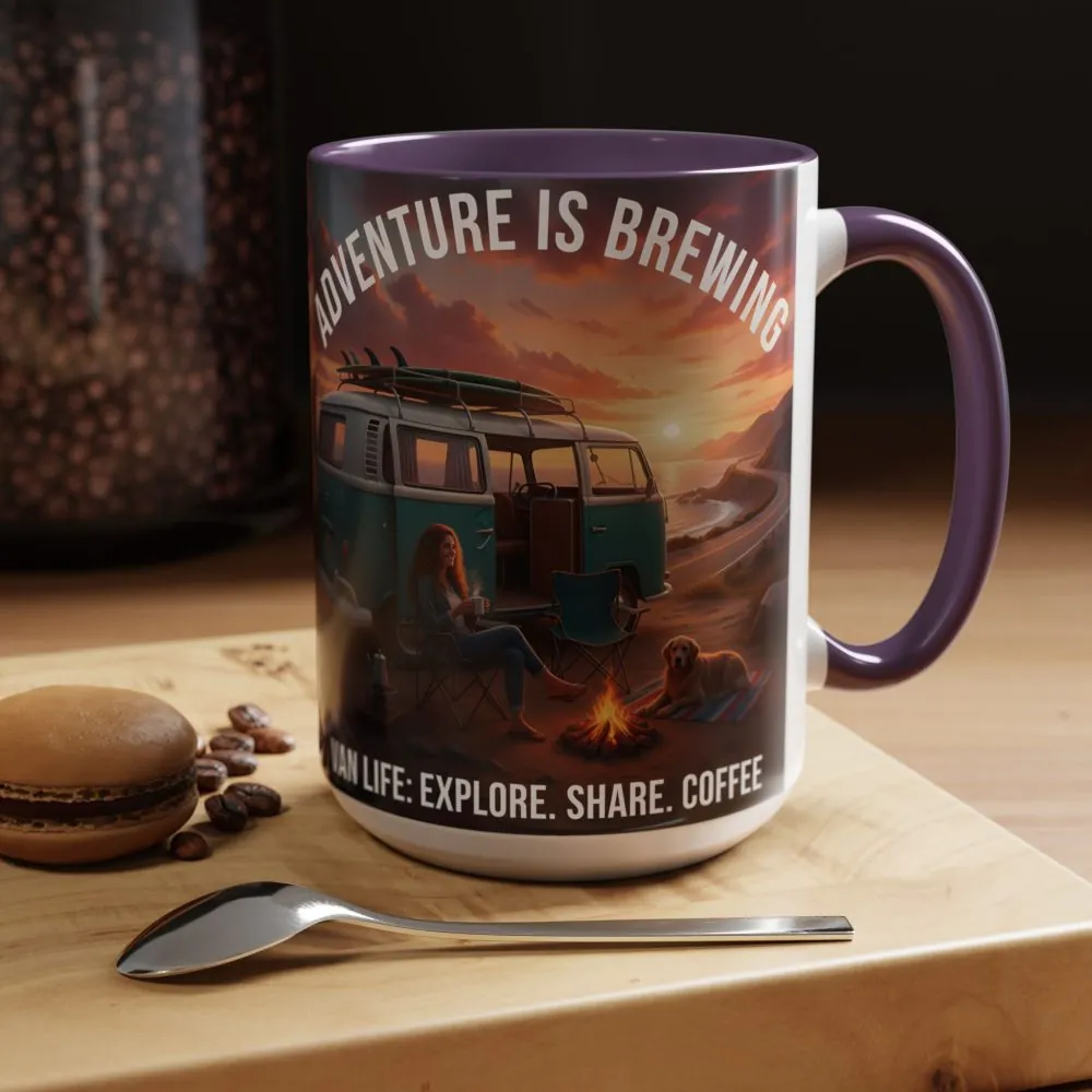 Accent Coffee Mug (11, 15oz) — "Adventure is brewing"