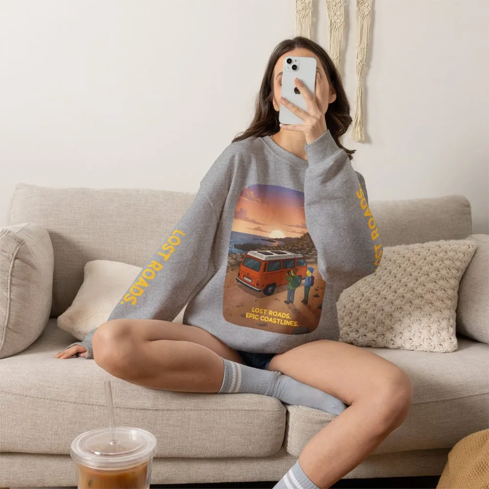 Unisex Heavy Blend™ Crewneck Sweatshirt — "Lost Roads Epic Coastlines" Design Sitcom-Line